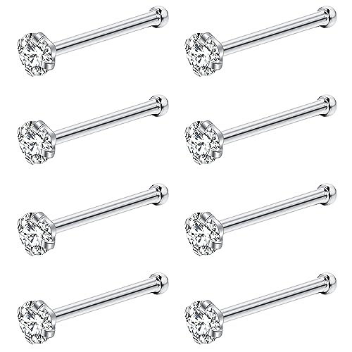 PunkTracker 8Pcs Nasenringe Studs 316L Chirurgenstahl Nose Studs 1.5mm 2mm 2.5mm 3mm CZ Nostril Piercing Schmuck L-förmige Nase Ringe für Damen Herren 20g/18g von PunkTracker