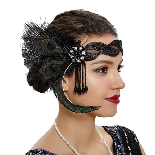 Feder Haarreif,Maskerade Party Mardi Haar Krawatten Feder Haar Zubehör Haar Krawatten Kopfbedeckungen,für Kostüm Erwachsene Kinder Abschlussball Karneval (06-Black, One Size) von Pursuit-W