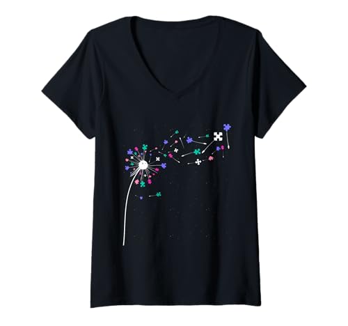 Damen Autismus Awareness Löwenzahn Lustiges Pusteblumen T-Shirt mit V-Ausschnitt Damen Autismus Awareness Löwenzahn Lustiges Pusteblumen T-Shirt mit V-Ausschnitt von Pusteblume Geschenk Löwenzahn Shirt Positivität