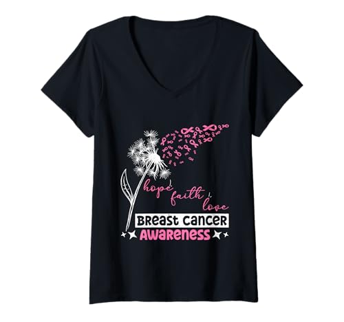 Damen Brustkrebs HOPE FAITH LOVE BREAST CANCER AWARENESS Löwenzahn T-Shirt mit V-Ausschnitt Damen Brustkrebs HOPE FAITH LOVE BREAST CANCER AWARENESS Löwenzahn T-Shirt mit V-Ausschnitt von Pusteblume Geschenk Löwenzahn Shirt Positivität