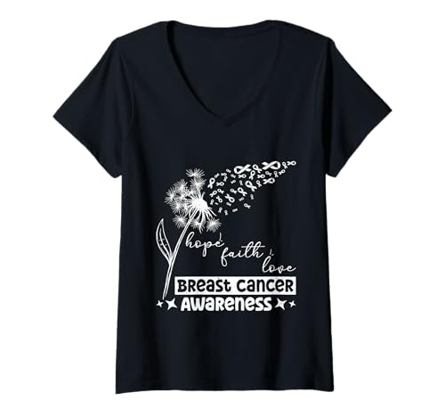 Damen Brustkrebs HOPE FAITH LOVE BREAST CANCER AWARENESS Löwenzahn T-Shirt mit V-Ausschnitt Damen Brustkrebs HOPE FAITH LOVE BREAST CANCER AWARENESS Löwenzahn T-Shirt mit V-Ausschnitt von Pusteblume Geschenk Löwenzahn Shirt Positivität