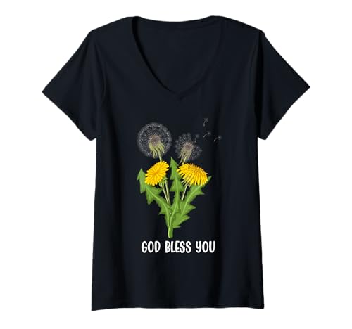 Damen Christen GOD BLESS YOU Löwenzahn Lustiges Pusteblumen T-Shirt mit V-Ausschnitt Damen Christen GOD BLESS YOU Löwenzahn Lustiges Pusteblumen T-Shirt mit V-Ausschnitt von Pusteblume Geschenk Löwenzahn Shirt Positivität