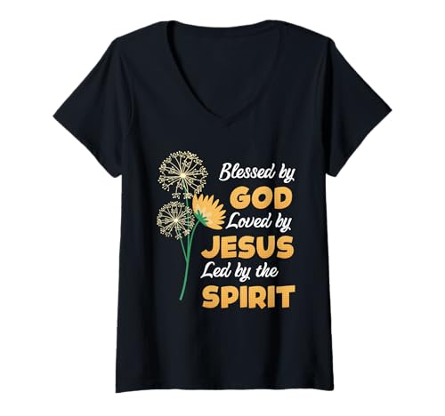 Damen Christentum BLESSED BY GOD LOVED BY JESUS Lustig Löwenzahn T-Shirt mit V-Ausschnitt Damen Christentum BLESSED BY GOD LOVED BY JESUS Lustig Löwenzahn T-Shirt mit V-Ausschnitt von Pusteblume Geschenk Löwenzahn Shirt Positivität