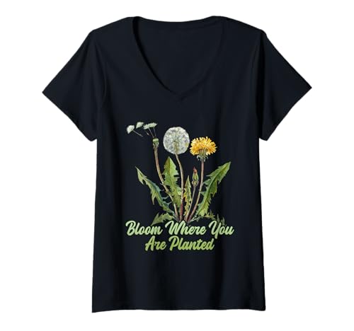 Damen Gärtner BLOOM WHERE YOU ARE PLANTED Lustig Löwenzahn T-Shirt mit V-Ausschnitt Damen Gärtner BLOOM WHERE YOU ARE PLANTED Lustig Löwenzahn T-Shirt mit V-Ausschnitt von Pusteblume Geschenk Löwenzahn Shirt Positivität