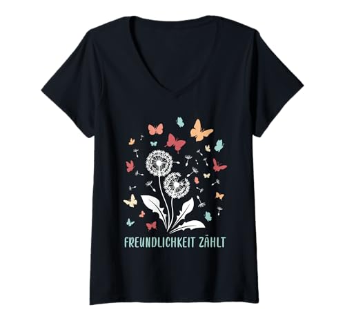 Damen Hippie FREUNDLICHKEIT ZÄHLT Löwenzahn Lustig Pusteblumen T-Shirt mit V-Ausschnitt Damen Hippie FREUNDLICHKEIT ZÄHLT Löwenzahn Lustig Pusteblumen T-Shirt mit V-Ausschnitt von Pusteblume Geschenk Löwenzahn Shirt Positivität