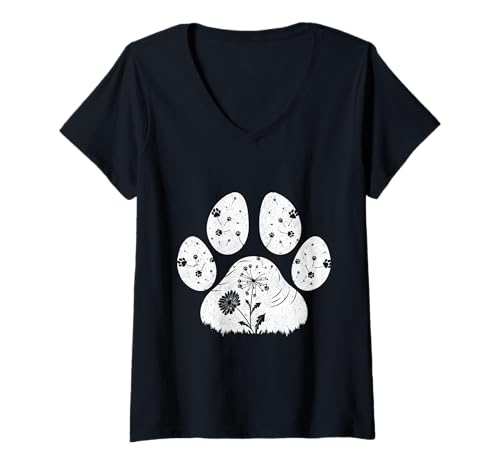 Damen Hundeliebhaber LÖWENZAHN Pfotenabdruck Lustiges Pusteblume T-Shirt mit V-Ausschnitt Damen Hundeliebhaber LÖWENZAHN Pfotenabdruck Lustiges Pusteblume T-Shirt mit V-Ausschnitt von Pusteblume Geschenk Löwenzahn Shirt Positivität
