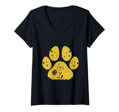 Damen Hundeliebhaber LÖWENZAHN Pfotenabdruck Lustiges Pusteblume T-Shirt mit V-Ausschnitt Damen Hundeliebhaber LÖWENZAHN Pfotenabdruck Lustiges Pusteblume T-Shirt mit V-Ausschnitt von Pusteblume Geschenk Löwenzahn Shirt Positivität