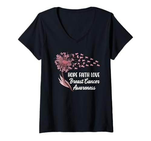 Damen Krankheit HOPE FAITH LOVE BREAST CANCER Pusteblumen T-Shirt mit V-Ausschnitt Damen Krankheit HOPE FAITH LOVE BREAST CANCER Pusteblumen T-Shirt mit V-Ausschnitt von Pusteblume Geschenk Löwenzahn Shirt Positivität