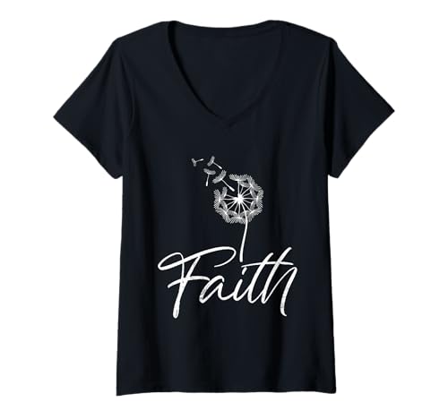 Damen Löwenzahn FAITH Positivität Christentum Lustig Pusteblume T-Shirt mit V-Ausschnitt Damen Löwenzahn FAITH Positivität Christentum Lustig Pusteblume T-Shirt mit V-Ausschnitt von Pusteblume Geschenk Löwenzahn Shirt Positivität
