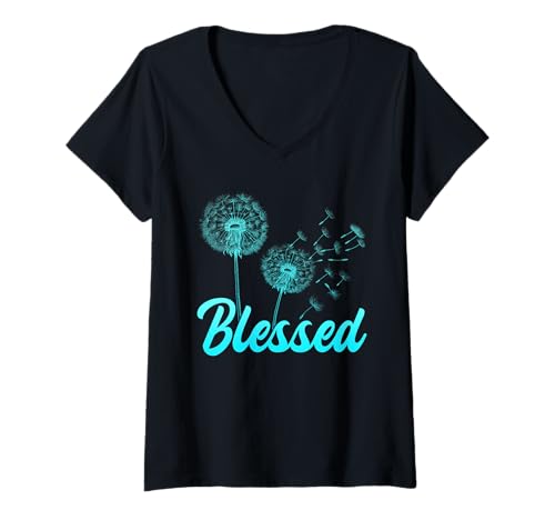 Damen Positivität BLESSED Löwenzahn Lustiges Pusteblume T-Shirt mit V-Ausschnitt Damen Positivität BLESSED Löwenzahn Lustiges Pusteblume T-Shirt mit V-Ausschnitt von Pusteblume Geschenk Löwenzahn Shirt Positivität