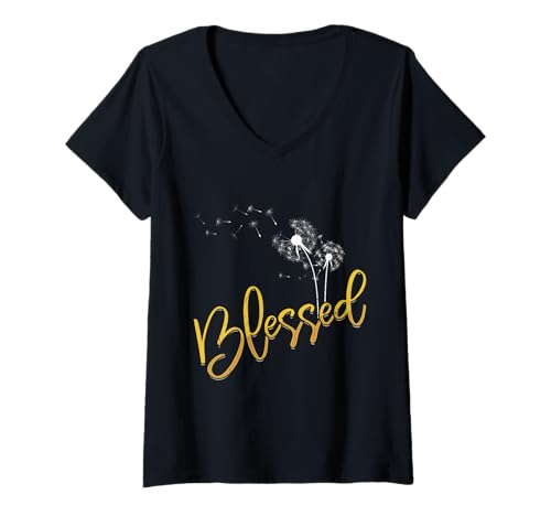 Damen Positivität BLESSED Löwenzahn Lustiges Pusteblume T-Shirt mit V-Ausschnitt Damen Positivität BLESSED Löwenzahn Lustiges Pusteblume T-Shirt mit V-Ausschnitt von Pusteblume Geschenk Löwenzahn Shirt Positivität