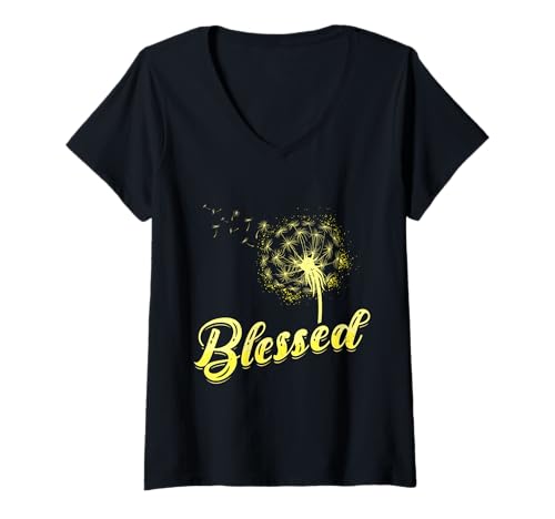 Damen Positivität BLESSED Löwenzahn Lustiges Pusteblume T-Shirt mit V-Ausschnitt Damen Positivität BLESSED Löwenzahn Lustiges Pusteblume T-Shirt mit V-Ausschnitt von Pusteblume Geschenk Löwenzahn Shirt Positivität