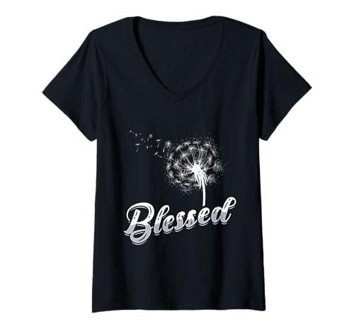 Damen Positivität BLESSED Löwenzahn Lustiges Pusteblume T-Shirt mit V-Ausschnitt Damen Positivität BLESSED Löwenzahn Lustiges Pusteblume T-Shirt mit V-Ausschnitt von Pusteblume Geschenk Löwenzahn Shirt Positivität
