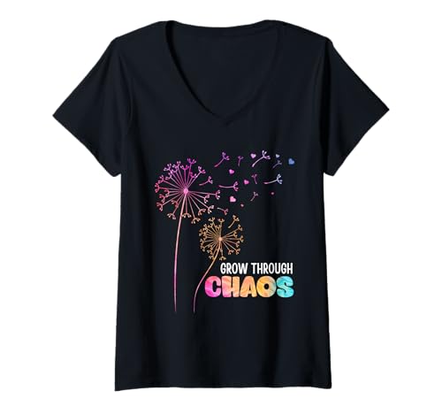 Damen Positivität CHAOS BRINGT WACHSTUM Lustiges Löwenzahn T-Shirt mit V-Ausschnitt Damen Positivität CHAOS BRINGT WACHSTUM Lustiges Löwenzahn T-Shirt mit V-Ausschnitt von Pusteblume Geschenk Löwenzahn Shirt Positivität