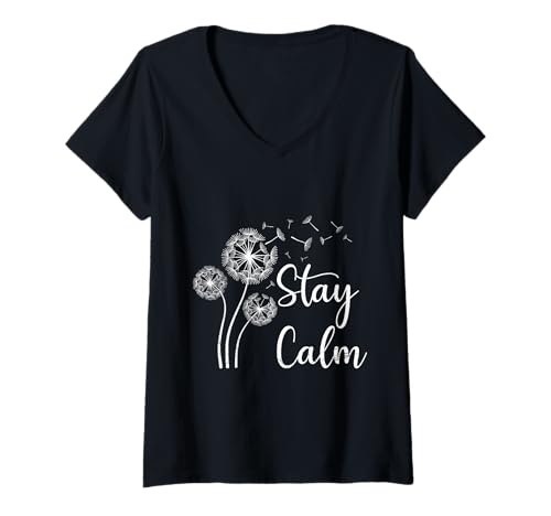 Damen Positivität STAY CALM Löwenzahn Lustiges Pusteblume T-Shirt mit V-Ausschnitt Damen Positivität STAY CALM Löwenzahn Lustiges Pusteblume T-Shirt mit V-Ausschnitt von Pusteblume Geschenk Löwenzahn Shirt Positivität
