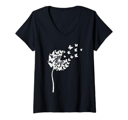 Damen Schmetterling Liebhaber Pusteblume SCHMETTERLINGE Löwenzahn T-Shirt mit V-Ausschnitt Damen Schmetterling Liebhaber Pusteblume SCHMETTERLINGE Löwenzahn T-Shirt mit V-Ausschnitt von Pusteblume Geschenk Löwenzahn Shirt Positivität