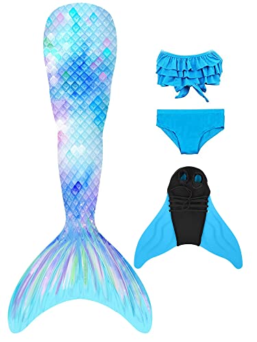 Pyjacos meerjungfrauenflosse mädchen Badeanzug - Meerjungfrau Flosse Bademode mit Bikini Set und Monoflosse Mermaid Tail, 4 Stück Set，4blueseR4-120 von Pyjacos