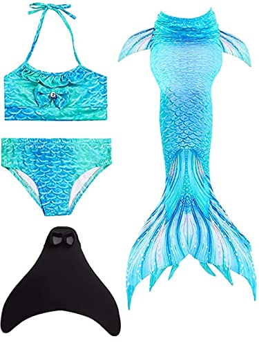 Pyjacos meerjungfrauenflosse mädchen Badeanzug - Meerjungfrau Flosse Bademode mit Bikini Set und Monoflosse Mermaid Tail, 4 Stück Set，blackseDH06-120 von Pyjacos