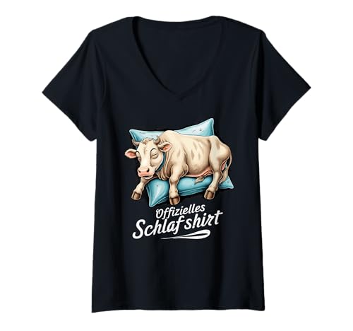 Damen Kuh Offizielles Schlafshirt Bauer Landwirt Pyjama Bauernhof T-Shirt mit V-Ausschnitt Damen Kuh Offizielles Schlafshirt Bauer Landwirt Pyjama Bauernhof T-Shirt mit V-Ausschnitt von Pyjama Nachthemd Schlafshirt Schlafanzug Ajeli