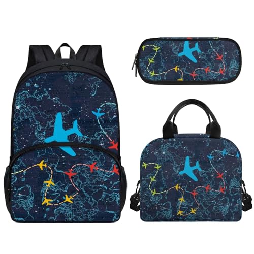 Pzuqiu 43,2 cm Schulrucksack-Set mit Lunchtasche und Stifttasche für Kinder, Grundschule, Mittelschüler, Büchertasche, 3-teiliges Set, Flugzeug-Muster von Pzuqiu