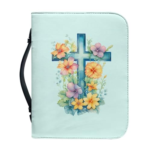 Pzuqiu Bibelhülle für Frauen und Mädchen, PU-Leder, Bibel-Tragetasche mit Griff, tragbare Handtasche, tolles christliches Geschenk, Kreuzblumen, L-10.2"x7"x1.9" von Pzuqiu