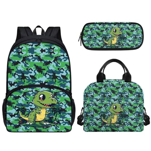 Pzuqiu Schüler-Rucksack, 3er-Set, mit Lunchbox und Federmäppchen, 43,2 cm, tragbare Schultaschen für Kinder, Rucksack-Set, Camouflage-Dinosaurier von Pzuqiu