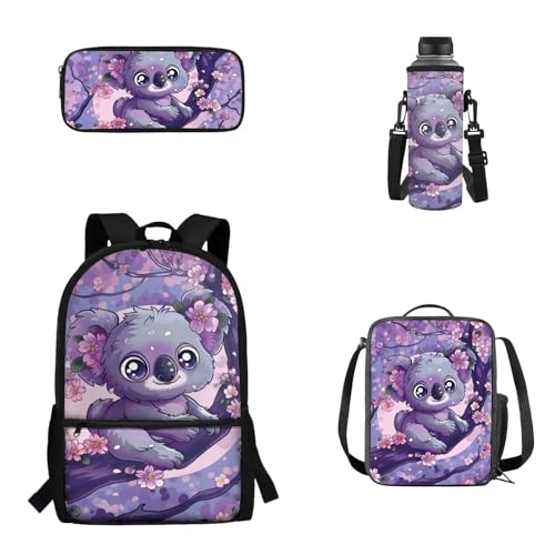 Pzuqiu Schüler-Rucksack für Kinder mit Lunchbox, Federmäppchen und Wasserbecher-Abdeckung, 4-teiliges Set, Schultaschen für Jungen/Mädchen, Lila Koala von Pzuqiu