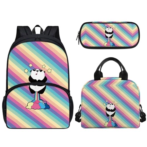 Pzuqiu Schüler-Rucksack für Kinder mit Lunchbox und Federmäppchen, 3-teiliges Set, 43,2 cm, Schultaschen für Jungen/Mädchen, Bunt gestreifter Panda von Pzuqiu