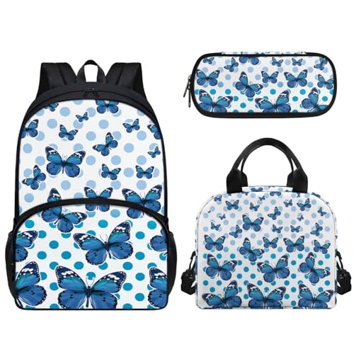 Pzuqiu Schüler-Rucksack für Kinder mit Lunchbox und Federmäppchen, 3-teiliges Set, 43,2 cm, Schultaschen für Jungen/Mädchen, blau mit schmetterlingen von Pzuqiu