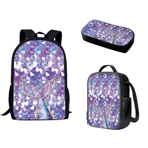 Pzuqiu Schüler-Rucksack für Kinder mit Lunchbox und Federmäppchen, 3-teiliges Set, Schultaschen für Grund- und Mittelschüler, Lila Meerjungfrau von Pzuqiu