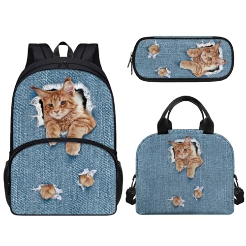 Pzuqiu Schüler-Rucksack mit Lunch-Tasche, Stiftebox für Kinder, 43,2 cm, Grundschule, Büchertasche für Teenager, 3 Stück, Denim Cat von Pzuqiu