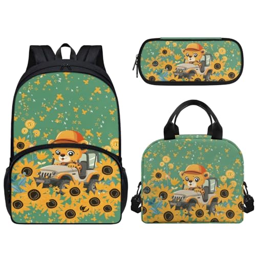 Pzuqiu Schüler-Rucksack mit Lunch-Tasche, Stiftebox für Kinder, 43,2 cm, Grundschule, Büchertasche für Teenager, 3 Stück, Sonnenblume Leopard von Pzuqiu