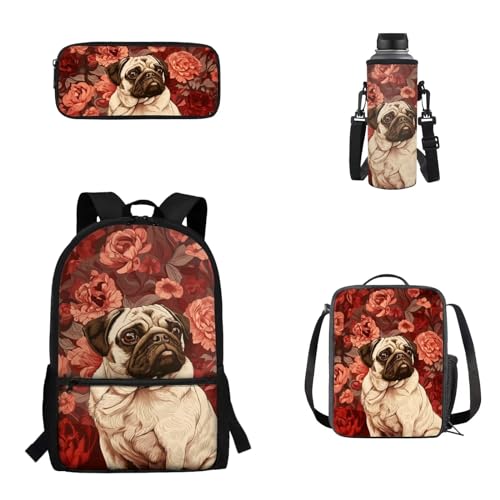 Pzuqiu Schulrucksack-Set, 4-teiliges Set für Kinder, Rucksack für Schüler, Schultaschen mit Lunchbox, Federmäppchen und Wasserbecherabdeckung, Hibiskus-Hund von Pzuqiu