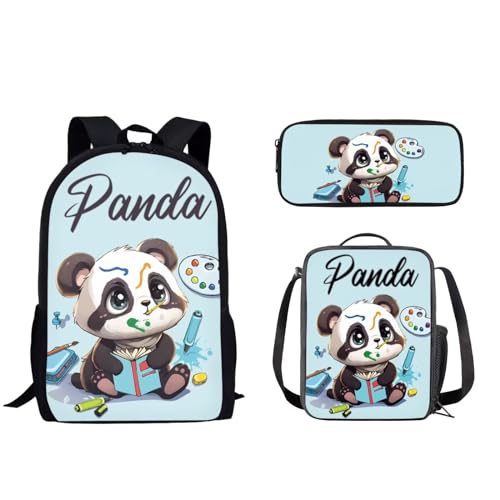 Pzuqiu Schulrucksack-Set mit passender Lunchtasche und Stifttasche für Kinder, Grundschule, Mittelschüler, Büchertasche, 3-teiliges Set, Cartoon Panda von Pzuqiu