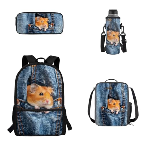 Pzuqiu Schulrucksack für Teenager, Kinder, Schultasche mit Lunchbox, Federmäppchen, Wasserbecher, tragbarer Kinderrucksack, Denim-Hamster von Pzuqiu