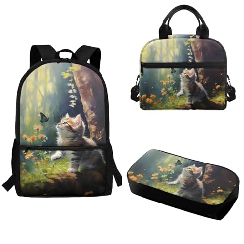 Pzuqiu Schulrucksack für Teenager, Kinder, Schultasche mit Lunchbox und Federmäppchen, stilvoller Kinderrucksack, 3-teiliges Set, Schmetterling Katze von Pzuqiu