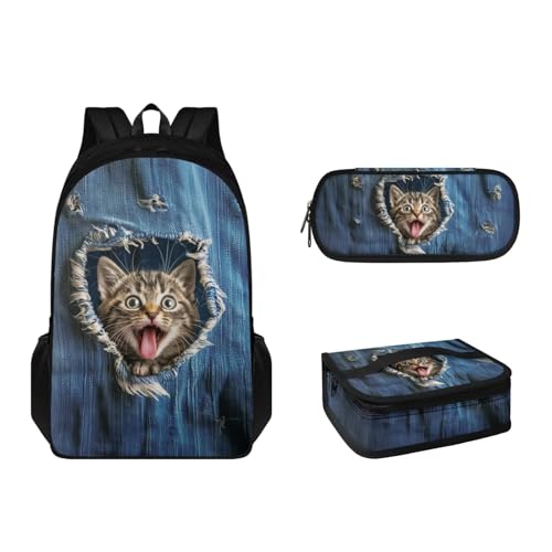 Pzuqiu Schultaschen-Set für Kinder, 43,2 cm, Büchertaschen-Set mit 3 Stück, Schulrucksack mit Lunch-Taschen und Federmäppchen für Teenager, Denim Cat von Pzuqiu