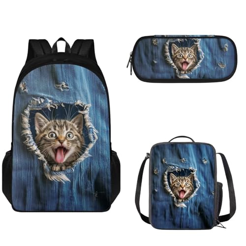 Pzuqiu Schultaschen-Set für Kinder, 43,2 cm, Büchertaschen-Set mit 3 Stück, Schulrucksack mit Lunch-Taschen und Federmäppchen für Teenager, Denim Cat von Pzuqiu