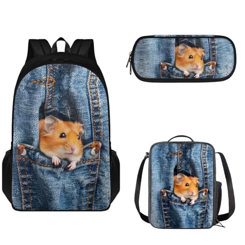 Pzuqiu Schultaschen-Set für Kinder, 43,2 cm, Rucksack mit Lunchbox und Stifttasche, 3-teiliges Schulrucksack-Set, großes Fassungsvermögen, Tagesrucksack, Denim-Hamster von Pzuqiu