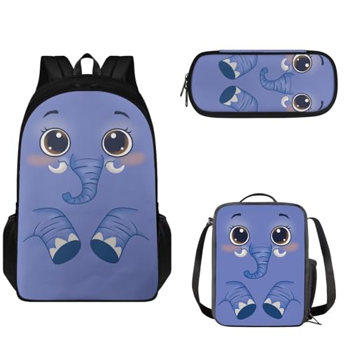 Pzuqiu Schultaschen-Set für Kinder, 43,2 cm, Rucksack mit Lunchbox und Stifttasche, 3-teiliges Schulrucksack-Set, großes Fassungsvermögen, Tagesrucksack, Lila Elefant von Pzuqiu