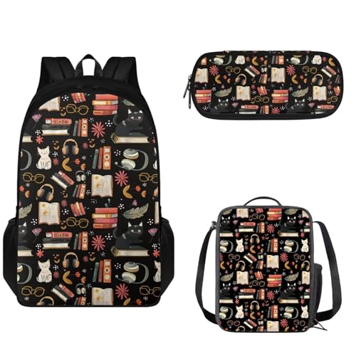 Pzuqiu Schultaschen-Set für Kinder, 43,2 cm, Rucksack mit Lunchbox und Stifttasche, 3-teiliges Schulrucksack-Set, großes Fassungsvermögen, Tagesrucksack, Schreibwaren-Muster von Pzuqiu