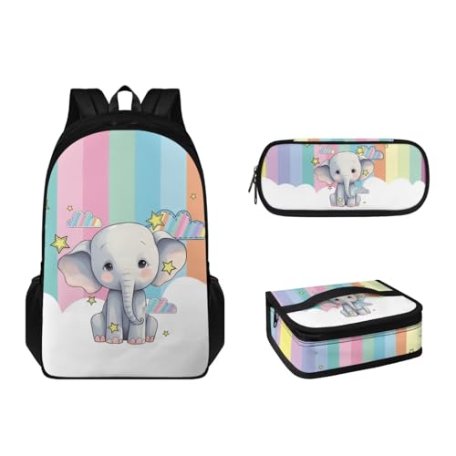 Pzuqiu Schultaschen-Set für Kinder, Rucksack-Set mit Lunchtasche und Federmäppchen, großes Fassungsvermögen, Schulbüchertaschen-Set für Teenager, 3-teilig, Bunt gestreifter Elefant von Pzuqiu