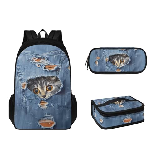 Pzuqiu Schultaschen-Set für Kinder, Rucksack-Set mit Lunchtasche und Federmäppchen, großes Fassungsvermögen, Schulbüchertaschen-Set für Teenager, 3-teilig, Denim Cat von Pzuqiu