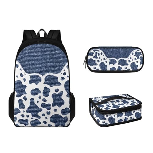 Pzuqiu Schultaschen-Set für Kinder, Rucksack-Set mit Lunchtasche und Federmäppchen, großes Fassungsvermögen, Schulbüchertaschen-Set für Teenager, 3-teilig, Denim-Kuh von Pzuqiu