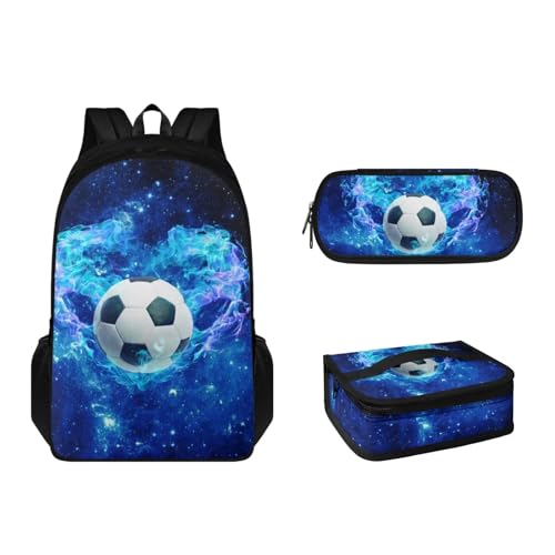 Pzuqiu Schultaschen für Kinder, Rucksack mit Lunchbox, Federmäppchen, 3-teilig, Schulrucksack, große Kapazität, Rucksack für Reisen, Blue Fire Soccer von Pzuqiu