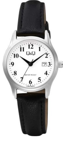 Q&Q Damen-Uhr Leder Armband Datum 3 Bar Analog Quarz (schwarz silberfarbig) von Q&Q