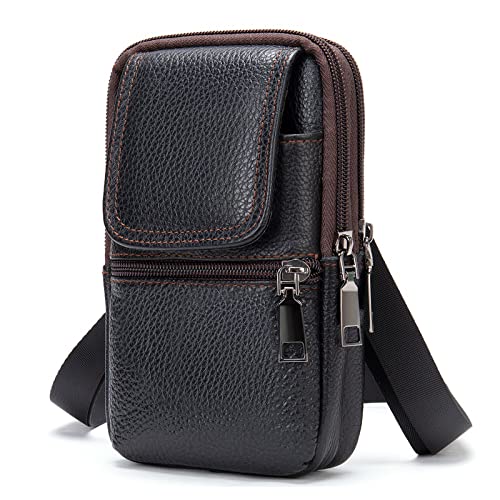 Herren Handy Umhängetasche Leder Schwarz, Handy Gürteltasche Leder Klein, Handytasche zum Umhängen Wasserdichte Reißverschluss Herrentasche Leder Hüfttasche Schultertasche mit Gürtelschlaufe Karabiner von QBYVQQN