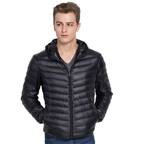 QCHENG Herren Ultraleichte Daunenjacke mit Kapuze Leicht Verpackbar Herbst Winter Warme Jacket Steppjacke Daunenmantel Schwarz X-Small von QCHENG