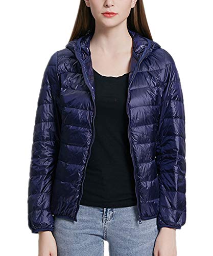 QCHENG Steppjacke Damen Leicht Daunenjacke Packbar mit Kapuze Winter Wärm Kälteschutz Daunenmantel Dunkel Blau XS von QCHENG