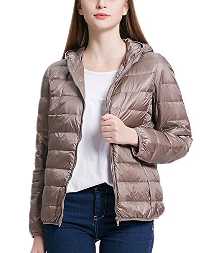 QCHENG Steppjacke Damen Leicht Daunenjacke Packbar mit Kapuze Winter Wärm Kälteschutz Daunenmantel Khaki XXL von QCHENG